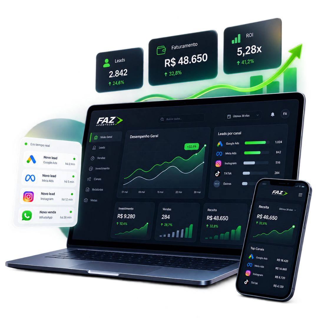 Painel Faz Acontecer com leads, faturamento e ROI em notebook e celular
