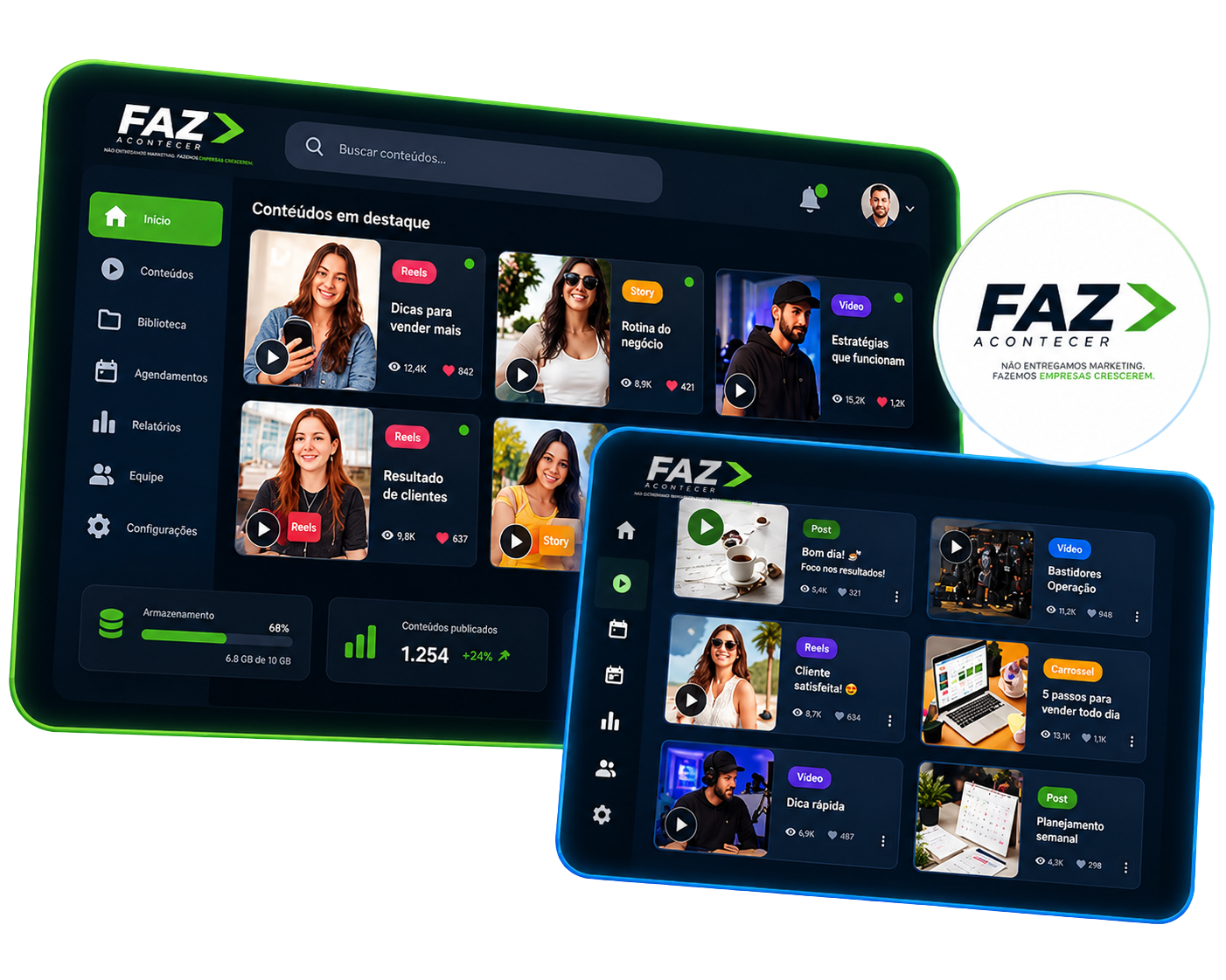 Tablets exibindo a biblioteca de conteúdos da Faz Acontecer